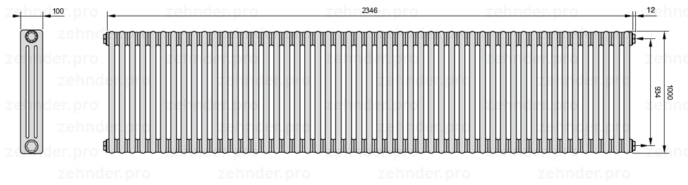 Схема (чертеж) Радиатор Zehnder Charleston 3100/51 №7610 Белый глянцевый RAL 9016
